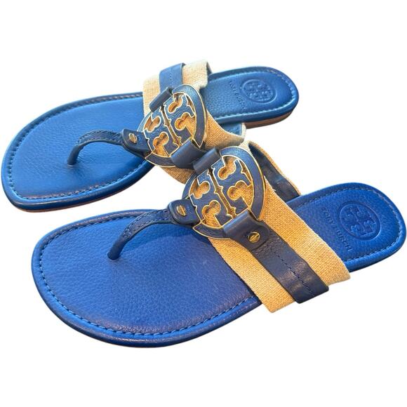Tory Burch Amanda Leather/Textile Blue/Natural Sandals Women’s Size 8 - Picture 4 of 8